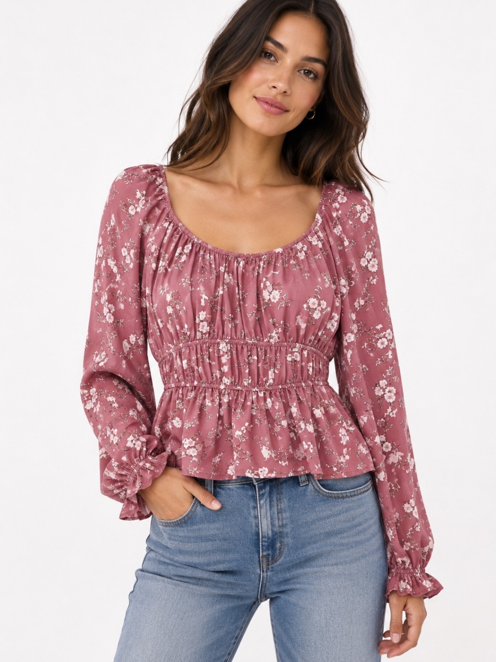Planet Heart Floral Peplum Blouse XL Mauve Rose Long Sleeve Boho Top EUC